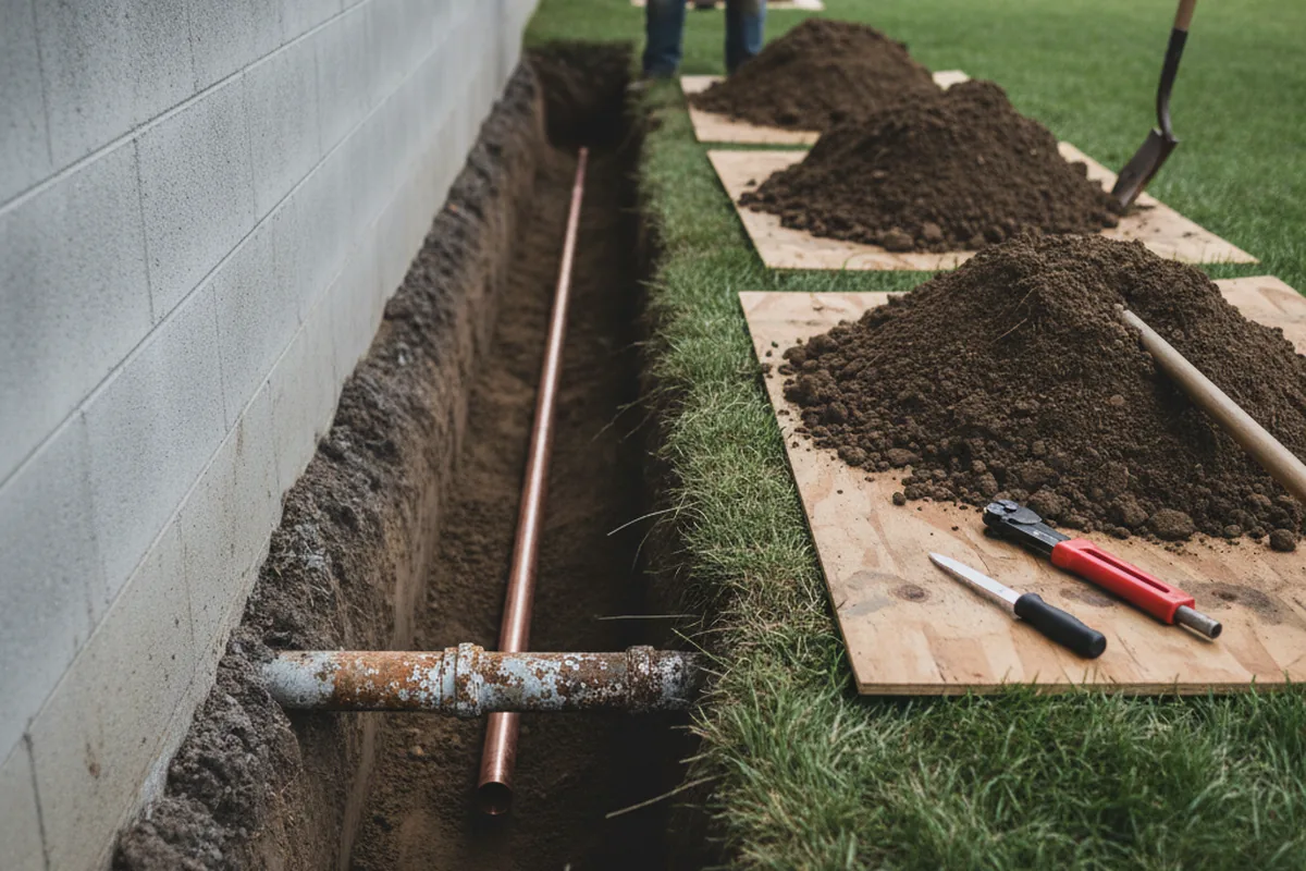 Excavated water line trench during Sewer Line Repair in Minoa
